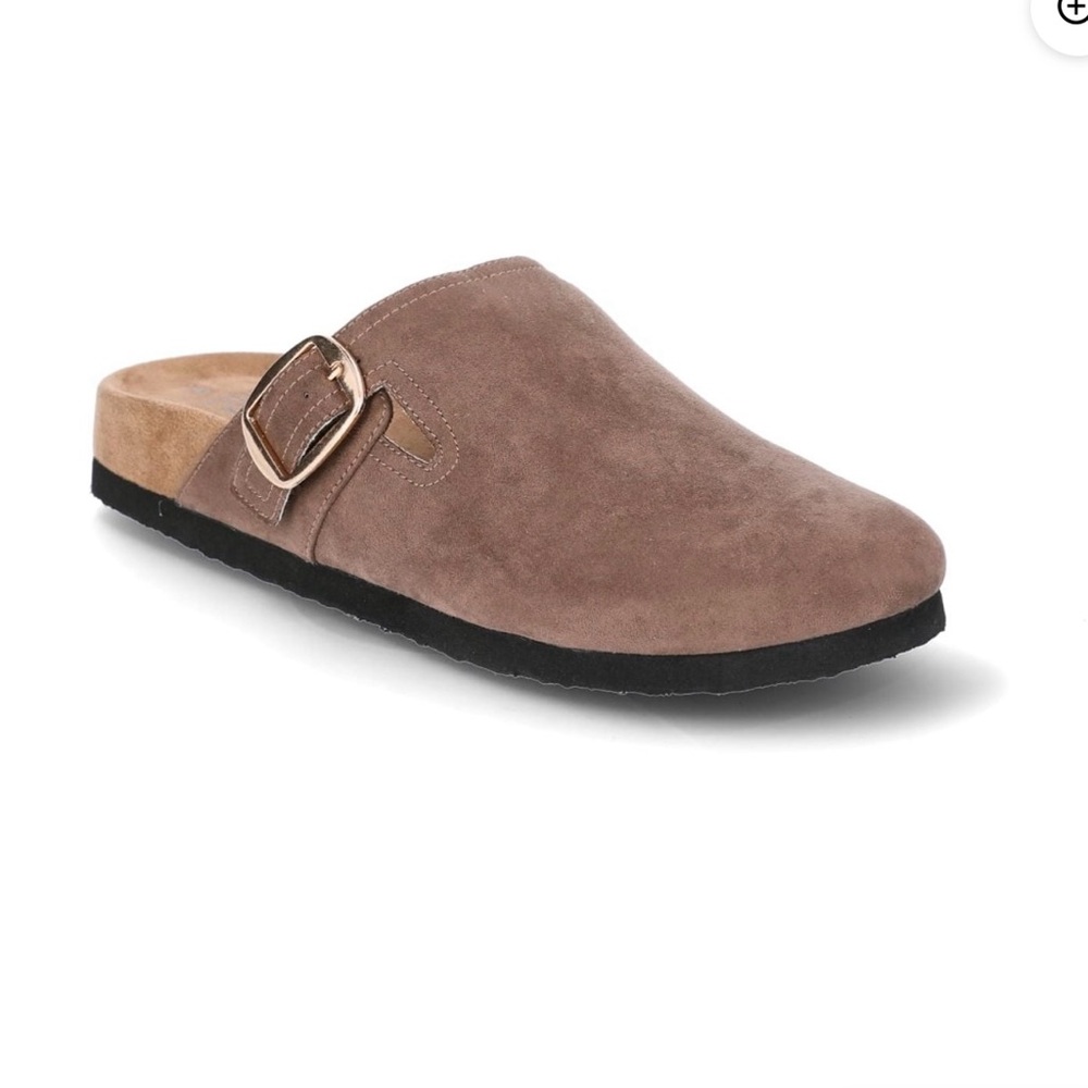 Time and Tru Taupe Suede Clogs with Buckle